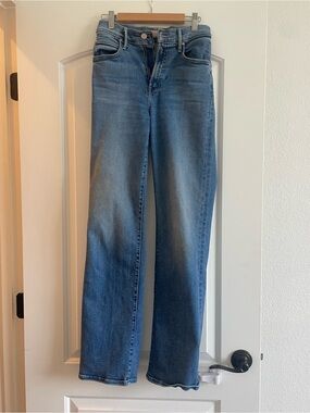 MOTHER Light Wash Blue Denim Jeans with Tan Leather Patch